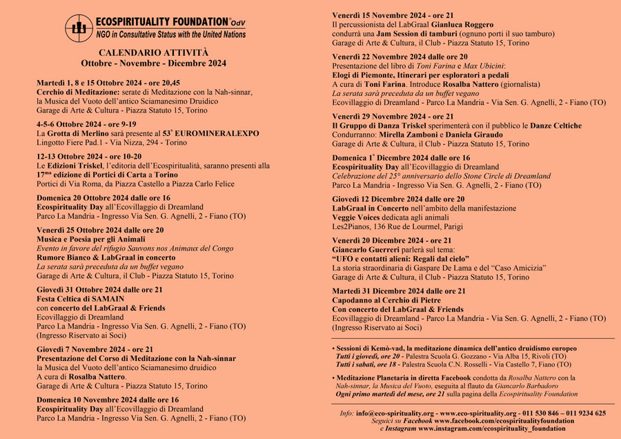 Ecospirituality Foundation - Calendario eventi ottobre, novembre, dicembre 2024 (scarica in pdf)