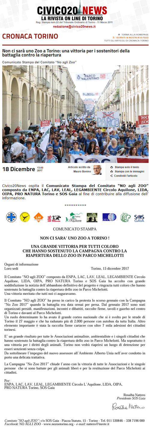 Civico20 News- 18 dicembre 2017 - NON CI SARA’ UNO ZOO A TORINO !