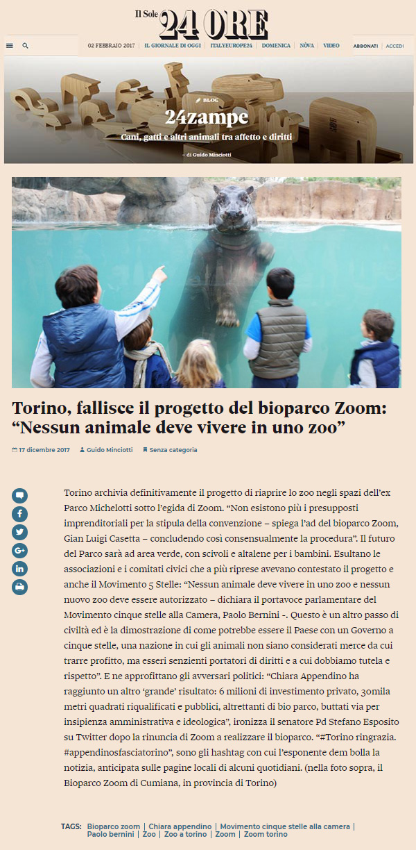 Il Sole 24ore - 17 dicembre 2017 - NON CI SARA’ UNO ZOO A TORINO !