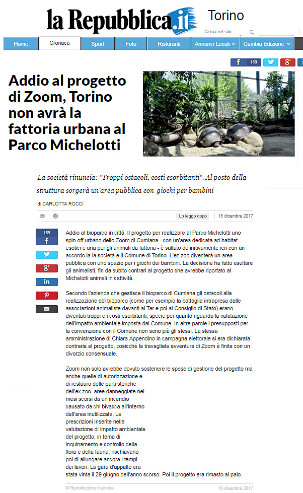 La Repubblica- 15 dicembre 2017 - NON CI SARA’ UNO ZOO A TORINO !