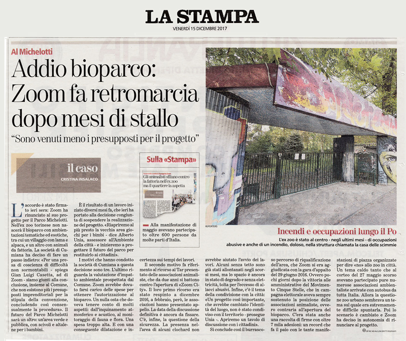 La Stampa - 15 dicembre 2017 - NON CI SARA’ UNO ZOO A TORINO !