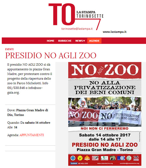 La Stampa - Torino7 - 11 ottobre 2017 - Presidio NO AGLI ZOO, 14 ottobre 2017, Torino