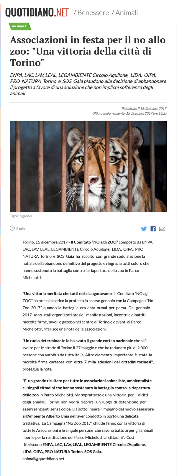 Quotidiano.net - 15 dicembre 2017 - NON CI SARA’ UNO ZOO A TORINO !