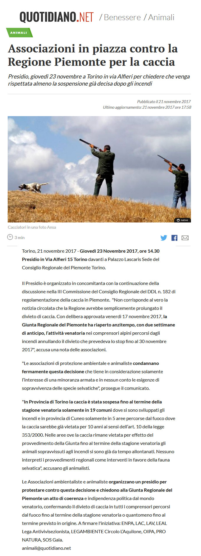 Presidio contro la caccia, 23 novembre 2017, Torino