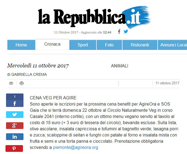 Repubblica.it - 11 ottobre 2017 - Cena Veg Benefit Torino 22 ottobre 2017