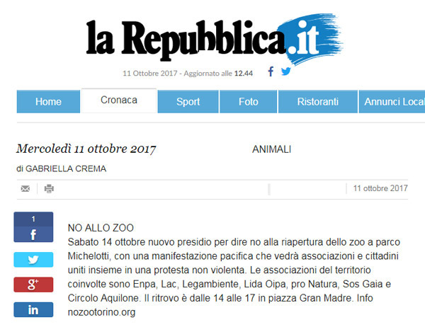 La Repubblica.it - 11 ottobre 2017 - Presidio NO AGLI ZOO, 14 ottobre 2017, Torino