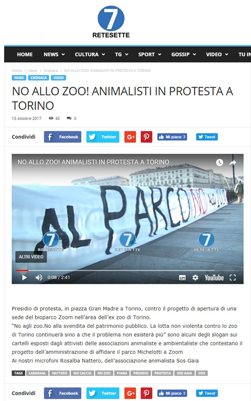 Rete7- 15 ottobre 2017 - Presidio NO AGLI ZOO, 14 ottobre 2017, Torino