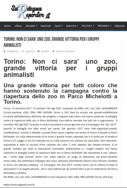 Sardegna Reporter- 15 dicembre 2017 - NON CI SARA’ UNO ZOO A TORINO !