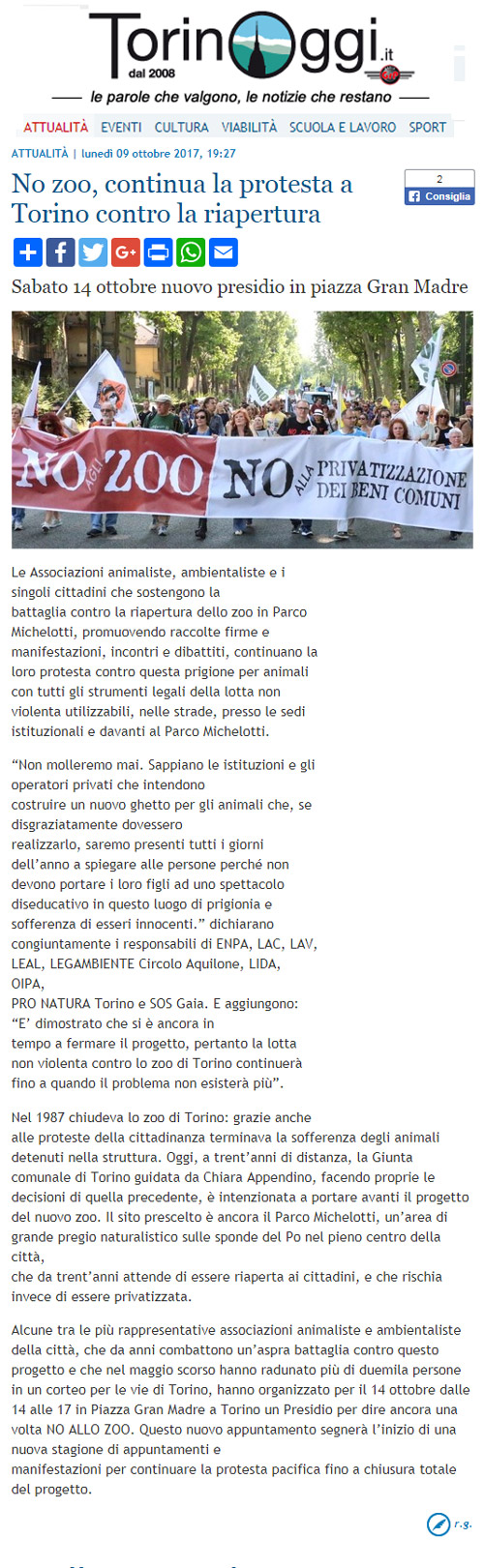 Torino Oggi - 9 ottobre 2017 - Presidio NO AGLI ZOO, 14 ottobre 2017, Torino